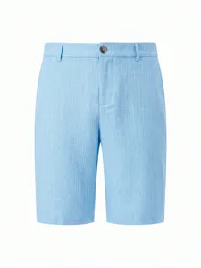 Light blue men's casual linen-texture shorts detail, featuring belt loops and button closure.
