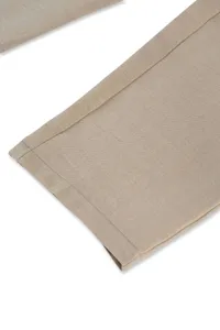 Detail view of men's casual trousers in light khaki, showing fine stitching and fabric.
