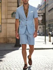 Men's casual light blue short-sleeve suit two-piece set for stylish summer street wear.
