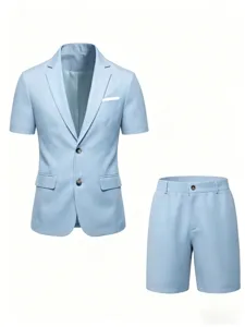 Men short sleeve suit set detail view, light blue casual two-piece blazer and shorts outfit.