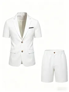 Detailed view of mens summer short sleeve suit blazer and shorts set white color casual style