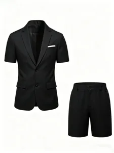 Men's summer short sleeve blazer and shorts suit set, casual gentleman two-piece outfit.
