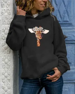 Detailed view of the women's black long sleeve hooded sweatshirt featuring a cute giraffe floral print.