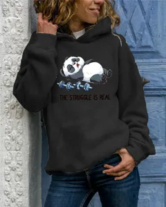 Casual long-sleeve hooded sweatshirt with cute panda graphic and text print detail.