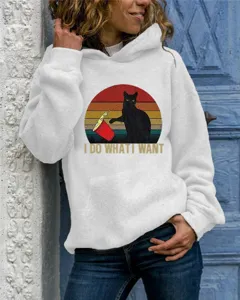 Women long sleeve hooded sweatshirt casual graphic pullover cat print white top detail