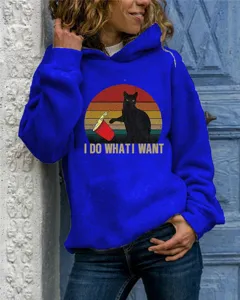 Women's blue hooded sweatshirt featuring a cute black cat sunset graphic and funny text.
