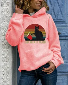 Women's long sleeve hooded sweatshirt with cute cat graphic print, casual pink pullover top.