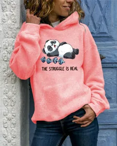 Cute panda print hoodie with long sleeves and cozy front pocket in vibrant coral pink.