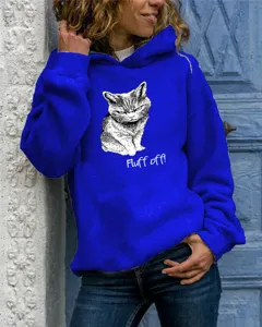 Royal blue women's long sleeve hooded sweatshirt with cute angry cat graphic and print design.