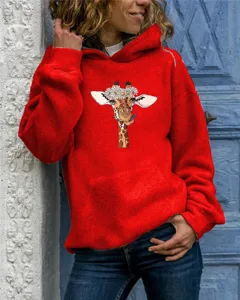 Red long sleeve hooded sweatshirt featuring a cute floral giraffe print casual pullover top.