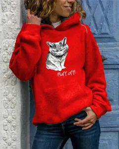 Detailed view of women's red hoodie featuring a grumpy cat graphic and text print.