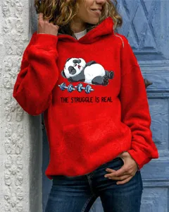 Casual red hooded sweatshirt featuring a cute panda lifting weights graphic and long sleeves.
