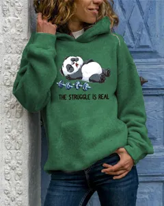 Cute panda fitness graphic detail view of the green casual women hooded sweatshirt.
