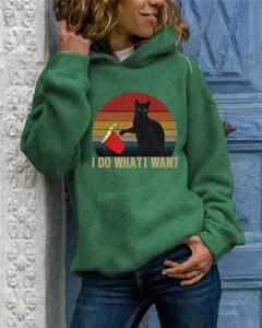 Women casual long sleeve green hoodie featuring a cool black cat graphic and retro print.