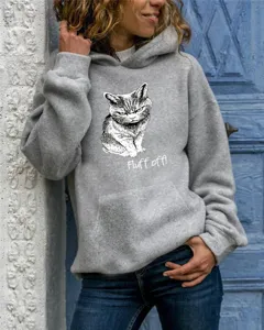 Casual grey long sleeve hooded sweatshirt featuring an artistic cat graphic and quote.