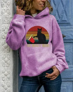 Women's vintage black cat graphic hooded sweatshirt with long sleeves casual top.