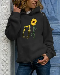 Close-up details of the women's long sleeve hooded sweatshirt with cat and sunflower graphic.