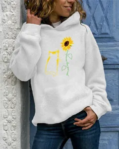 Detailed view of women's casual long sleeve hooded sweatshirt featuring cute cat and sunflower graphic print.
