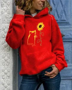 Women red hooded sweatshirt with cute cat sunflower graphic print long sleeve casual pullover.