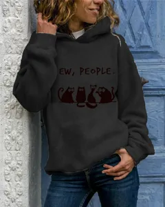 Women casual long sleeve hooded sweatshirt featuring cute cat graphic and funny text print design.