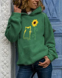 Green hoodie featuring a cute cat and sunflower graphic print with long sleeves and cozy hood.
