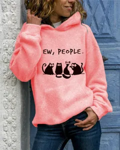 Pink hooded sweatshirt featuring a cute cat print and funny slogan. Casual everyday wear.