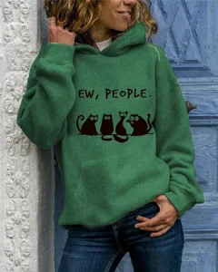 Green cat graphic hooded sweatshirt casual long sleeve pullover hoodie for women detail view.