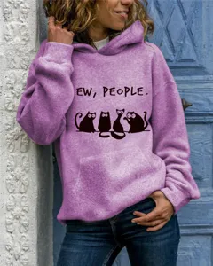 Women casual long sleeve hooded sweatshirt with cute cat graphic and funny text print.