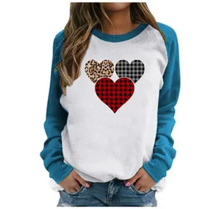 Women casual raglan long sleeve sweatshirt with cute leopard buffalo plaid heart print top.