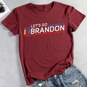 Burgundy short sleeve t-shirt with Let's Go Brandon graphic print, casual crewneck top.