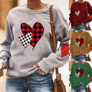 Women's Fall Long Sleeve Casual Crewneck Sweatshirt Plaid Heart Print Pullover Top