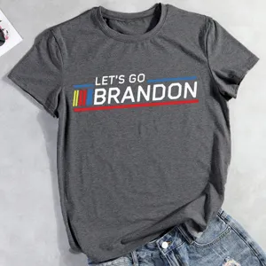 Close-up detail of the dark grey short-sleeve t-shirt featuring let's go brandon print graphic.