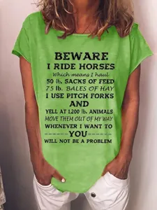 Casual green short sleeve t-shirt featuring funny horse print for comfortable daily wear.
