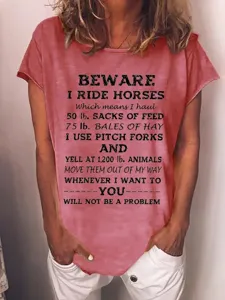 Women Vintage Slogan Print T-Shirt Casual Acetate Fiber Round Neck Short Sleeve Top Urban Fashion Graphic Tee For Daily Wear