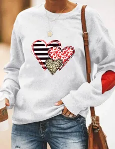 Damen Herz Druck Fleece Sweatshirt Lässiger Langarm Pullover Valentinstag Oberteil
