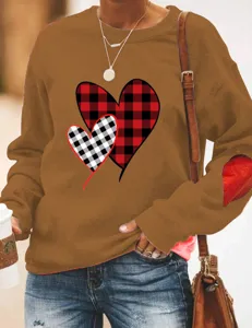 Womens Valentine Day Plaid Heart Print Fleece Sweatshirt Casual Long Sleeve Crew Neck Pullover