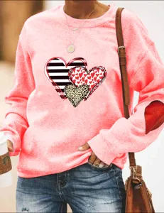 Damen Valentinstag Herz Print Fleece Sweatshirt Casual Rundhals Langarm Pullover Top