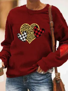 Women red sweatshirt long sleeve heart leopard print casual pullover top for autumn winter