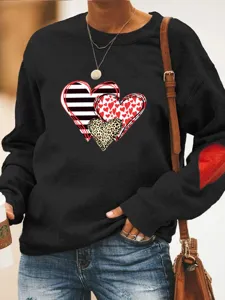 Schwarzes Damen Sweatshirt mit Herz Print Langarm Rundhalsausschnitt Freizeit Pullover.
