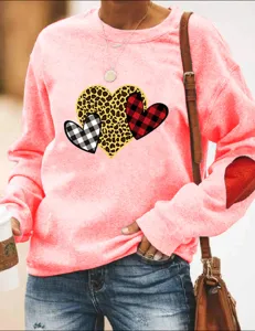 Women Valentine Heart Print Fleece Sweatshirt Casual Crewneck Long Sleeve Pullover Top