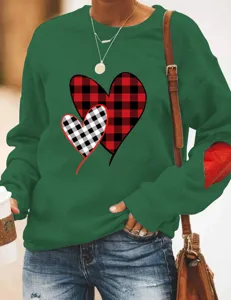 Valentine's Day green long sleeve sweatshirt with buffalo plaid heart print and patch.
