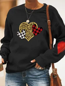 Casual Valentine heart print fleece sweatshirt, comfortable long sleeve daily wear top.