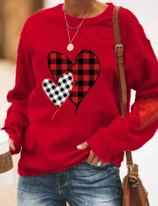 Women Valentine Day Buffalo Plaid Heart Print Long Sleeve Fleece Pullover Sweatshirt