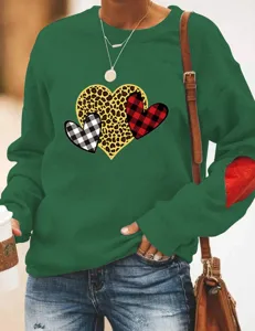 Women casual green long sleeve sweatshirt with cute heart leopard print and patchwork design.