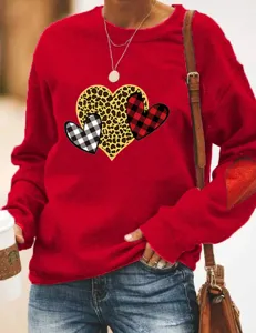 Red sweatshirt for women featuring cute leopard and plaid heart print long sleeves casual top.