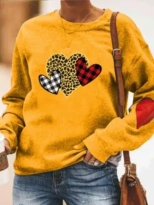 Women Valentine Heart Print Fleece Sweatshirt Casual Crewneck Long Sleeve Pullover Tops