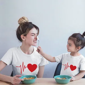 Βαμβακερό Modal T-Shirt με Κοντό Μανίκι και Σχέδιο Καρδιά EKG Casual Στρογγυλή Λαιμόκοψη για Γυναίκες και Παιδιά Ρούχα Γονέα-Παιδιού