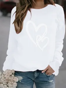 Γυναικείο Λευκό Μακρυμάνικο Fleece Φούτερ Casual Χαριτωμένο Διπλή Καρδιά Print Top