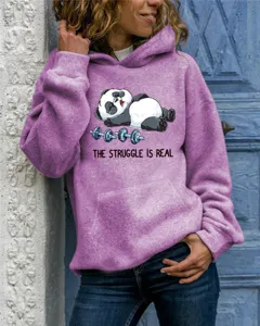 Casual purple hooded sweatshirt featuring a cute sleeping panda graphic and funny quote.