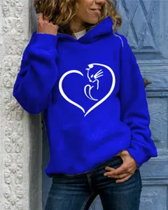 Women long sleeve hooded sweatshirt in royal blue featuring a cute heart and cat graphic print.